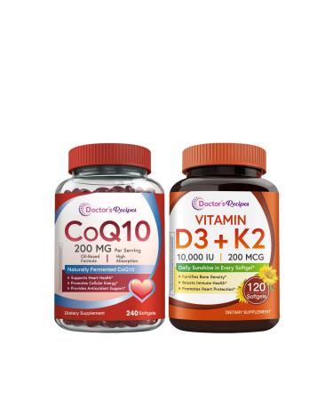 Doctor's Recipes CoQ10 200mg Softgels & Vitamin D3 K2 Softgels Bundle Coq10 240ct for Heart Heath Vitamin D3 K2 120ct for Immune and Bone Health Support