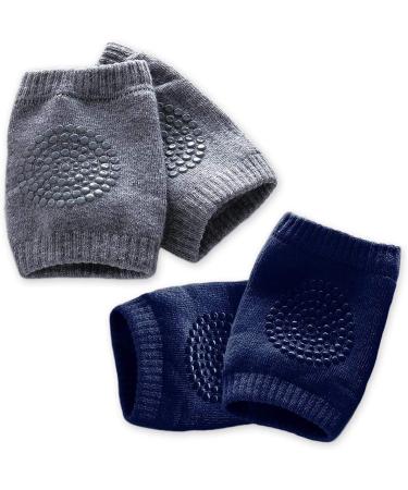 Kalevel Baby Crawling Anti-Slip Knee Pads Cotton Knee Sleeve Protector Newborn Crawling Knee Pads Baby Boy Girl Knee Protector Infant Toddler Knee and Elbow Pads (2 Pairs, Navy Blue + Dark Grey)