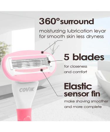 COVIK 5-Blade Women's Razor Set for Sensitive Skin - Includes Razor Handle, 2 Blade Refills, and Hanger - Pink - Buy Online on GoSupps.com