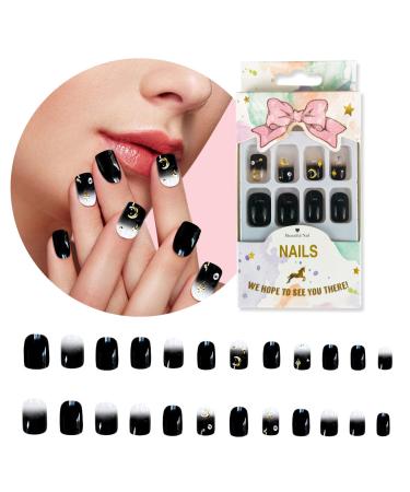 Andiker Press on Nails False Nails Square Deep Ocean Glitter UV Gel False Medium Length Cute Artificial Fake Nails with Nail Glue Glossy and Reusable Full Cover Wear Nail for Women (Stars)