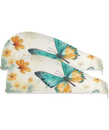 Summer Teal Gold Butterflies Hair Towel Set - 2 Pack Super Absorbent Quick Dry Hair Turbans for Women & Girls - Buy Online on GoSupps.com