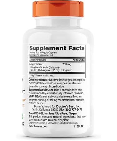 Doctor's Best High Potency Ginger with Gingever 250mg - Digestive Health Support for Motion Sickness & Gastrointestinal Health - Buy Online on GoSupps.com