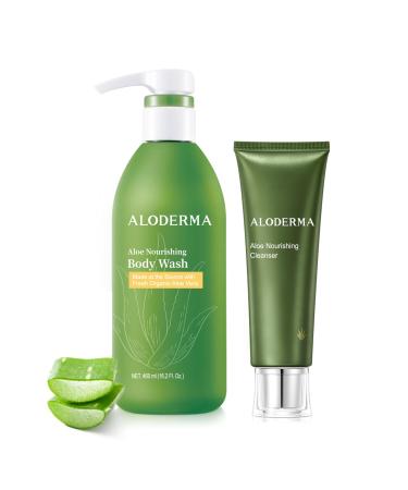 Aloderma Aloe Shower Set - Nourishing Body Wash Nourishing Facial Cleanser - Hydrating Soothing Moisturizing