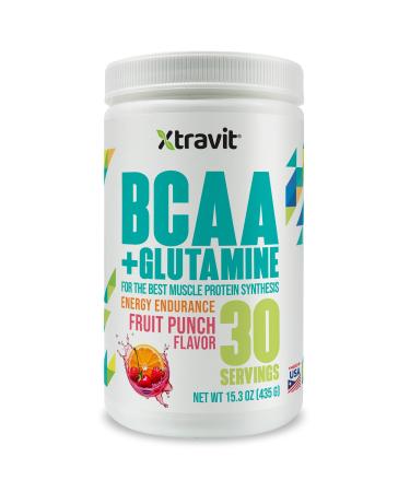 Xtravit BCAA+ Glutamine Powder Supplement - Natural Fruit Punch Flavored Workout Drink for Men & Women - Branched Chain Amino Acids for Energy & Muscle Recovery - No Sugar 38.8 oz. 30 Servings