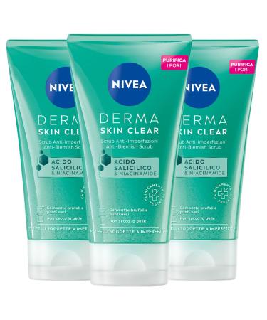 NIVEA Nivea Derma Skin Clear Face Scrub Anti-Blemish Vegan Formula with Salicylic Acid and Niacinamide with Purifying Action Regenerating Exfoliating Against Pimples and Blackheads 3 Bottles of 150 ml