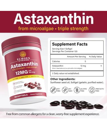 Echoes of the spring Astaxanthin 12mg 4 Month Supply Natural Astaxanthin Antioxidant Supplements from Fresh Microalgae Triple Strength Supports Eye Immune Joint Skin Health 120 Softgels - Buy Online on GoSupps.com