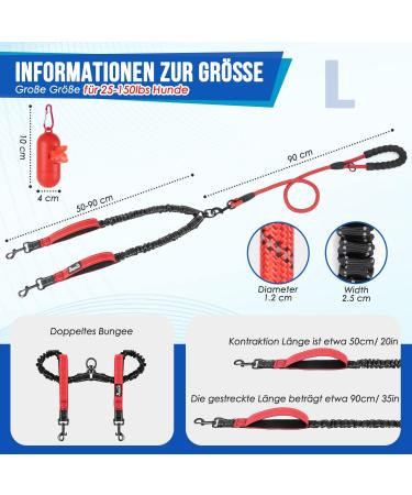 Eyein Double Linen Dog Leash for Large Dogs - Reflective Flexible & Padded Handles - Perfect for Dogs 11-68 kg - Red - Buy Online on GoSupps.com