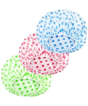 MZD8391 3 Pcs Shower Cap Reusable Shower Hat Bath Caps - Waterproof with Elastic Band Hair Hat for Men Women Ladies Spa Salon (Coloful Dotted) 3 Pack