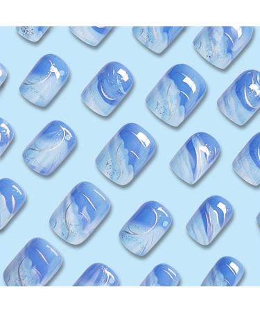 Buy Blue White Gradient Press on Nails - Short Square Fake Nails Glossy Full Cover Reusable Stick-On for Women - DIY Charm Manicure - Buy Online on GoSupps.com