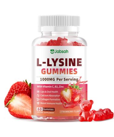 L-Lysine Gummies 1000 mg for Kids and Adults L-Lysine Supplements with Vitamin C B2 for Lips & Oral Health Immune Support & Collagen & Calcium- Vegan Non GMO Strawberry Flavor 60 Count 60 Count (Pack of 1)