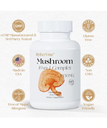 HyberVive Mushrooms with Cordyceps Lion's Mane Shiitake Mushroom Complex for Energy Immune Health Brain Support & Overall Wellness | Non-GMO Gluten-Free 1300mg Per Serving 60 Capsules - Buy Online on GoSupps.com