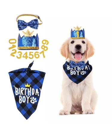 WLLHYF Dog Birthday Party Supplies Boy Dog Birthday Bandana Set with Cute Dog Bow Tie Dog Birthday Crown Hat with Numbers Small Medium Large Dogs(Blue) - Buy Online on GoSupps.com
