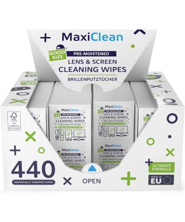 MAXI CLEAN Lens Wipes - 440 Pre-Moistened Cleaning Wipes for Glasses, Screens, Binoculars, and More - Made in Europe - Buy Online on GoSupps.com