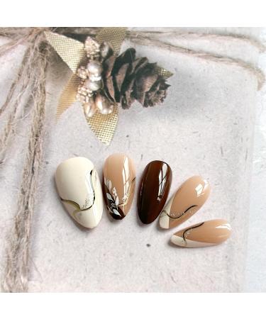 24 Pcs Almond Press on Nails - Fall Brown & White Fake Nails with Leaf Designs - Glossy Acrylic Full Cover - Perfect for Autumn & Thanksgiving DIY Manicure - Buy Online on GoSupps.com