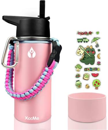 XccMe Kids Stainless Steel Water Bottle 16oz Kids water bottle for School Insulated Kids Thermos with Straw Lid Silicone Boot 16 Personalize Dinosaur Stickers and Paracord Handle(Pink)