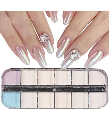 Chrome Nail Powder 1Box 12Grids Aurora Mermaid Pearl Nail Art Glitter Powder Iridescent Shell Glitter Mirror Holographic Manicure Pigment for Nail Art Design Decoration Accessory (Nail Powder B)