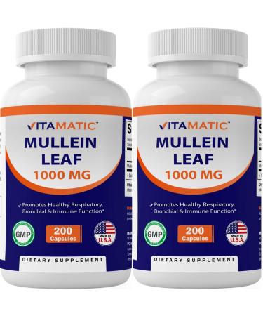 2 Pack - Vitamatic Mullein Leaf 1000mg per Serving - Supports Healthy Respiratory Bronchial & Immune Function - 200 Capsules