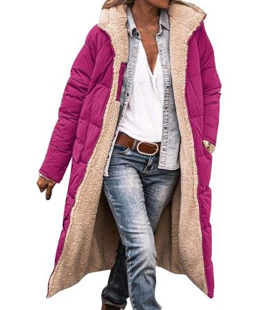 Hanxiulin Oversized Plush Jacket for Women | Warm Lined Fleece Winter Coat | Elegant Long-Sleeved Quilted Jacket in Hot Pink - Buy Online on GoSupps.com