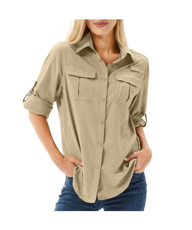 Toumett Women's UPF 50 Long Sleeve UV Sun Protection Safari Shirts Outdoor Quick Dry Fishing Hiking Travel Shirts Medium Khaki