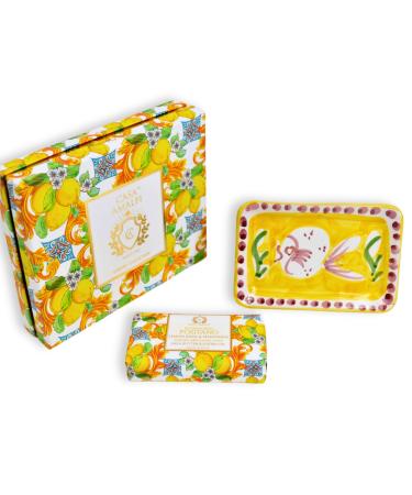 MY ITALIAN D COR Natural Soap Bar and Soap Bar Holder Gift Set Vegan Shea Butter & Jojoba Oil Gluten Free Organic Ingredients Cruelty Free Made In Italy (Lemons & Lime Flowers)