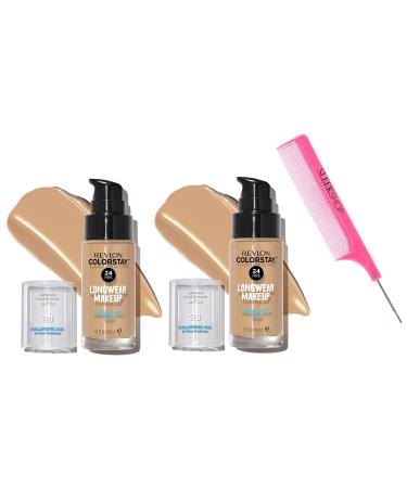 Sleekshop Comb + RevIon COLORSTAY Liquid Foundation (PACK OF 2) LONGWEAR MAKEUP w/ SPF Color Stay NEWEST VERSION for 2023-2024 Face Make-Up Cosmetics (w/ SLEEKSHOP Argan-Oil Infused PINK Rat Tail Steel Pin Comb) (NORMAL/DRY SKIN - 250 Fresh Beige)