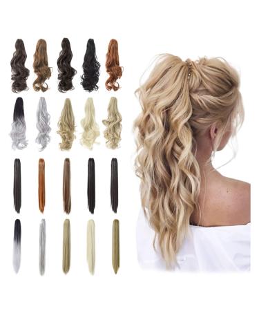 Qunlinta Ponytail Extension Hair Extensions Ponytail 18" 20" Claw Curly Wavy Ponytail Extension Straight Clip in Ponytail Extension Synthetic Hairpiece Ash Blonde Mix Light Brown 18-inch-Curly Ash Blonde Mix Light Brown-Curly