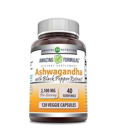 Amazing Formulas Ashwagandha Root with Black Pepper Extract Supplement | 2100 Mg Per Serving Extra Strength | 120 Veggie Capsules | Non-GMO | Gluten-Free | Made in USA Unflavored 1 Count (Pack of 1)