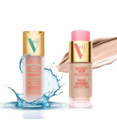 Veil Cosmetics | 1 Sunset Skin Liquid Foundation + 1 Sunset Light 3-in-1 Primer | 1P | Buildable Coverage Lightweight & Brightening | Serum Mixing Base Primer | Water-Resistant | Vegan