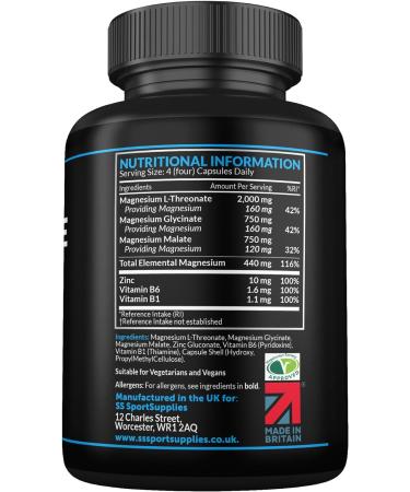 Magnesium L-Threonate 2000mg -120 Capsules - Added Magnesium Glycinate 750mg - Added Magnesium Malate 750mg - Added Vitamin B6 B1 and Zinc - Magnesium Complex - Buy Online on GoSupps.com