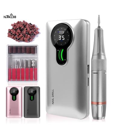 NMKL38 35000RPM Nail Drill Cordless Machine Rechargeable Electric Nail File with Bits Zebra Sanding Band (Silver)