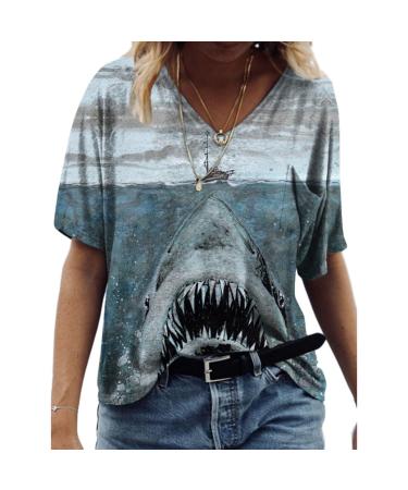 uikmnh Women Kaftan Casual Summer T-Shirt Short Sleeve Cotton Shark Trendy V-Neck Shirt Grey - Animal Print X-Large