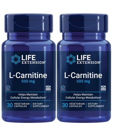 Life Extension L-Carnitine 500 mg Energy Supplement Memory Supplement Free Form Amino Acid Nitric Oxide Support Gluten-Free Non-GMO Vegetarian Two Pack - 2 x 30 Capsules