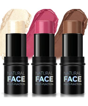 HOSAILY 3 Pcs Cream Blush Contour Highlighter Stick for Cheeks Eyes Lips Lightweight Dewy Finish Blush Stick Waterproof Long Lasting Contour Stick Trio Wand Face Makeup Set for Girls and Women (1+5+6)