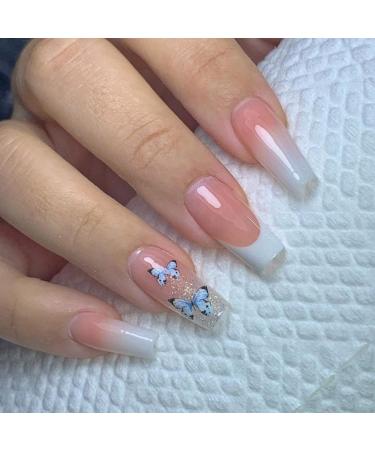 JUSTOTRY 24 Pcs False Nails Long with Butterfly Milky French Press on Nails Patterns Pretty Ballerina Stick on Nails for Women Acrylic Coffin Fake Nails Medium with Glue for Nail Art milky& Butterfly1