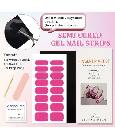 Semi Cured Gel Nail Strips - 16 Pcs Glitter Self-Adhesive Polish Stickers French Manicure Kit - Hot Pink - Buy Online on GoSupps.com