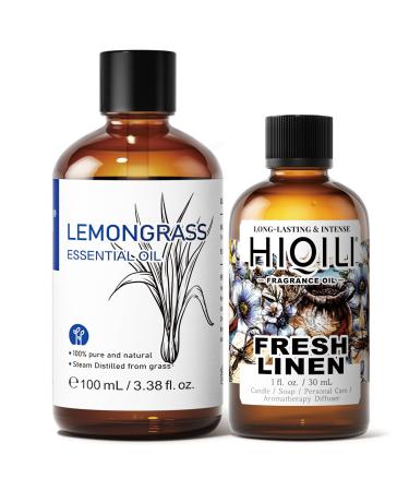 HIQILI 100ML Lemongrass Essential Oil & 30ML Fresh Linen Fragrance Oil for DIY Diffuser
