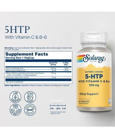 Buy SOLARAY 5-HTP Supplement with Vitamin C & B-6 - Natural Sleep Aid & Serotonin Support - Lab Verified 60 Servings 60 Enteric Coated VegCaps - 60-Day Money-Back Guarantee - Buy Online on GoSupps.com