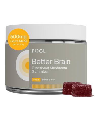 FOCL Lions Mane Mushroom Gummies - Mushroom Supplement for Brain Function Focus Memory Energy Immune Boost Stamina - Nootropic Complex Lion's Mane Reishi Cordyceps - Vegan Gluten Free Organic Gummies 1 Count (Pack