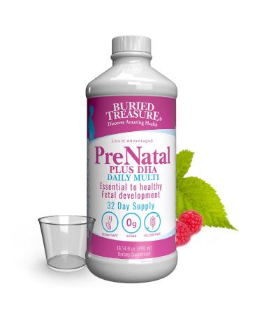 Buried Treasure Prenatal Plus DHA Complete, 16 oz Orange Banana Flavor, High Potency Liquid Formula Supplement for Before, During, Post Pregnancy, Natural DHA Omega3 Iron Vegetarian Safe w/Dose Cup