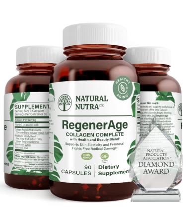 Natural Nutra RegenerAge Complete Supplement for Skin Health with Protein Peptides Reduce Stretch Marks Contributes Overall Health Vitamin C Grape Seed Red Wine Extract Gluten Free 90 Capsules.