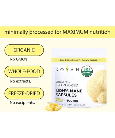 KOYAH - Organic USA Lion's Mane Mushroom Capsules - 100% Fruiting Body Freeze-Dried 3rd Party Tested for Beta-Glucans 500 mg Brain & Nerve Support. Immune Support. 60 Capsules - Buy Online on GoSupps.com