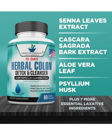 Colon Cleanse Pills - Herbal Detox & Laxative Supplement for Digestive Health, Bloating & Constipation Relief - 60 Vegan Caps - Buy Online on GoSupps.com