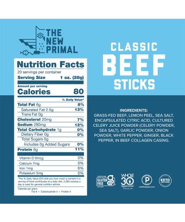 The New Primal Classic Beef Stick (20 Pack) - 1 oz Grass-Fed Meat Snack - Whole30, Paleo, Keto, Gluten-Free with 6g Protein - 20 Count - Buy Online on GoSupps.com