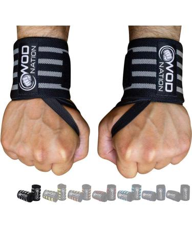 WOD Nation Wrist Wraps Weightlifting for Men  Women - Weight Lifting Wrist Wrap Set of 2 forCrossfit and Cross Training (12 or 18)  Includes Carrying Bag Black  Grey 12 inch