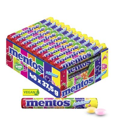 Mentos Rainbow Dragees fruit candies with orange strawberry apple blueberry raspberry melon & grapefruit taste multipack (40 roll) vegan - Buy Online on GoSupps.com