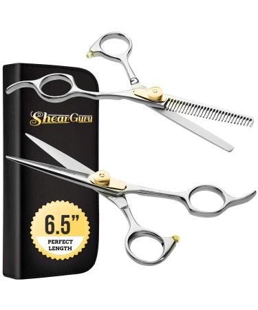 ShearGuru Professional Barber/Salon Scissor Hair Cutting Set - 6.5"-Straight Edge Razor Sharp Scissor + Texturizing Thinning Shears Styling Hair for Women Men, Plus Bonus Faux Leather Case Barber Scissors