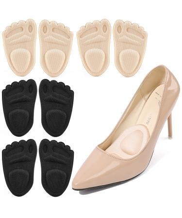 Metatarsal Pads for Women Forefoot High Heels Shoes Insoles Thickened Anti-Sliding Pads Shock Cushioning Foot Pad Shoe Inserts 4 Pairs(Black + Beige)