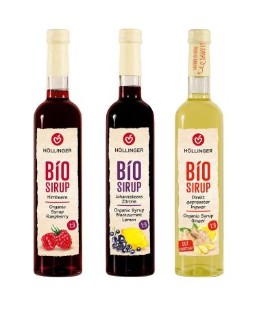 H llinger Bio Sirop Set 3 Bouteilles de 500ml Framboise Cassis-Citron et Gingembre Ratio de Dilution 1:9 Sans Alcool