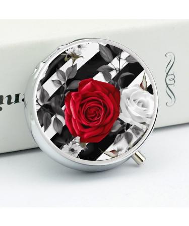 Decorative Round Pill Box - Black White Stripes & Red Rose - 3 Compartment Metal Pill Organizer for Travel - Buy Online on GoSupps.com