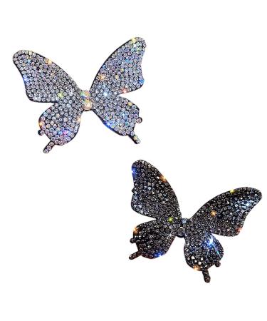2 Pcs Butterfly Hair Clips Rhinestone Black Silver Butterfly Hair Clips Sparkling Crystal Hair Barrettes Metal Alligator Hair Clip Bobby Pins Butterfly Hair Accessories for Women